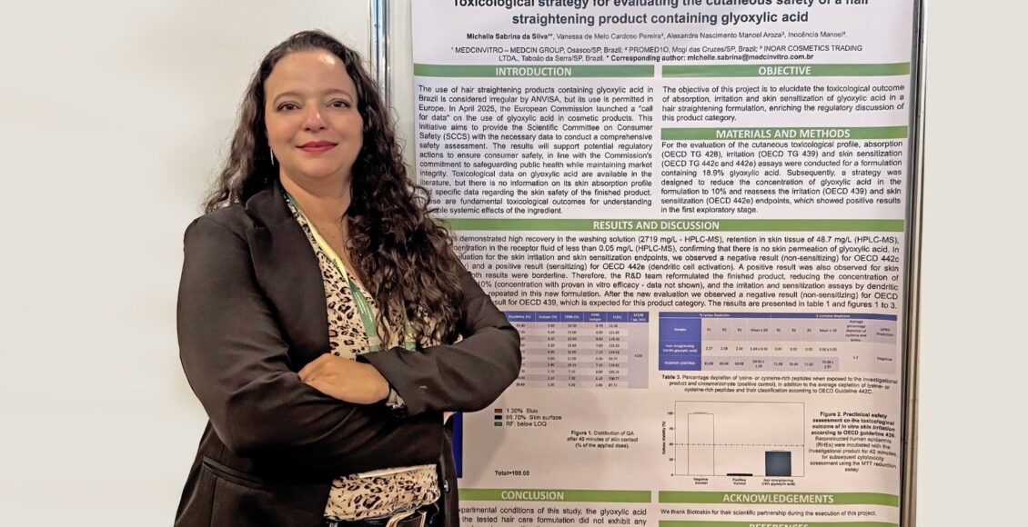 Dra. Michelle Sabrina da Silva ao lado do pôster do estudo sobre ácido glioxílico no CBTOX 2026.